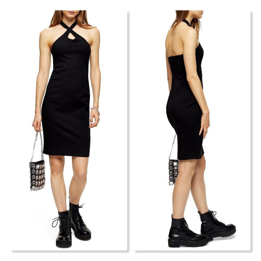 TOPSHOP Cross Halter Body-con Minidress size 8 in Black - NEW